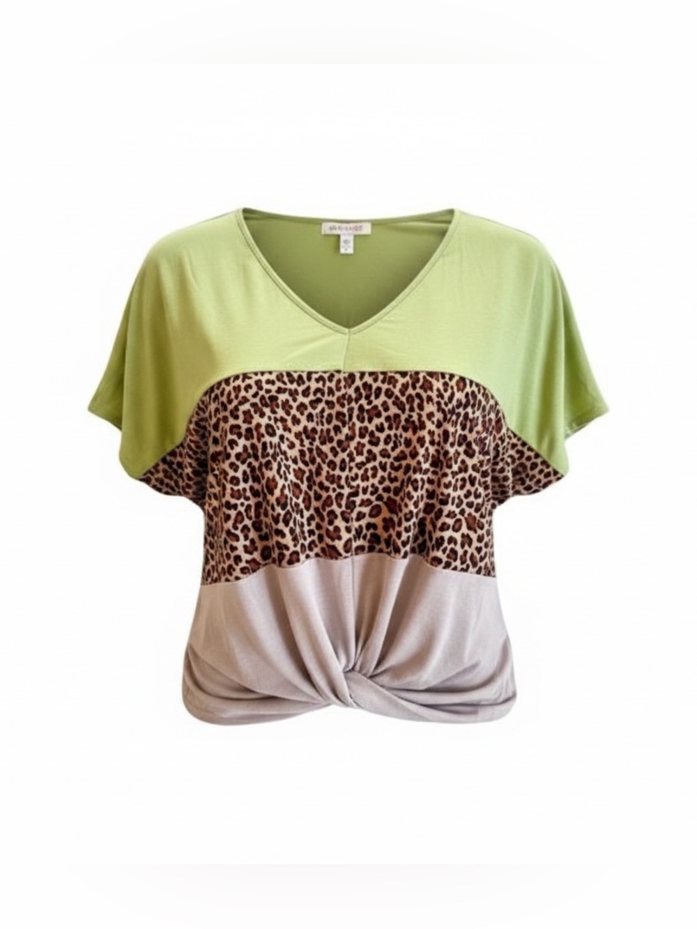She + Sky Lime Green Leopard-Print Colorblock V-Neck Top